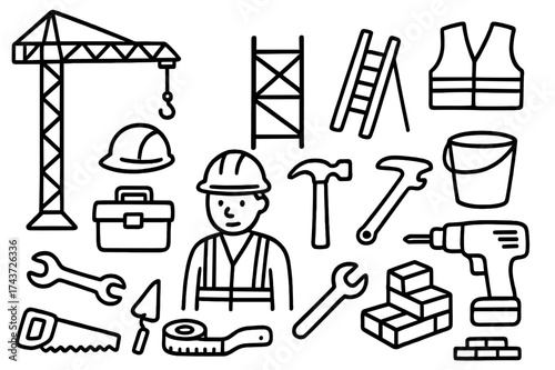 Construction Doodle Elements. Construction site. Hand-drawn doodle illustration construction site crane, scaffold, ladder, toolbox, helmet, worker, safety