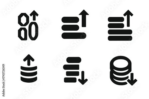 Financial Logos Grid. Inflation and Deflation. Set Logo of Inflation and Deflation: coin stack. harmonious logo variations of the same emblematic concept, each