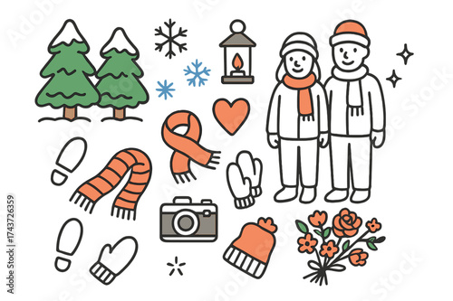 Winter Doodle Illustration. Outdoor Photos. Hand-drawn doodle illustration snowy trees (colored), couple, snowflake (colored), lantern, scarf (colored),
