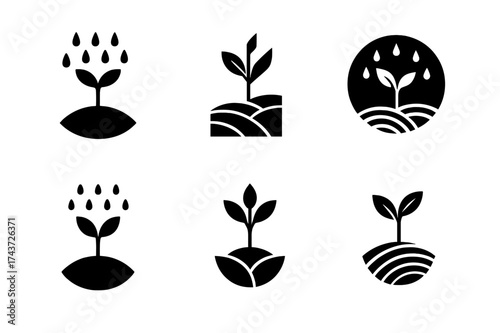 Rain-Soaked Earth Logos. Rain-Soaked Earth. Set Logo of Rain-Soaked Earth: sprouting plant. harmonious logo variations of the same emblematic concept, each