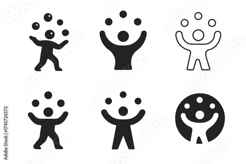 Dynamic Multitasking Logos. Improving your ability to multitask. Set Logo of juggling figure: person juggling multiple objects. harmonious logo variations of