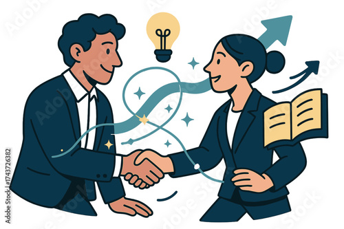 Dynamic Coaching Connections. Executive coaching. Mentor and professional shaking hands with glowing connection lines. Floating icons of lightbulb, arrow, and