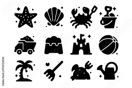 Sand Exploration Icons. Sand Exploration. Solid icons set of Sand Exploration: Starfish, Seashell, Crab, Bucket, Shovel, Toy Truck, Mold, Sandcastle, Ball,