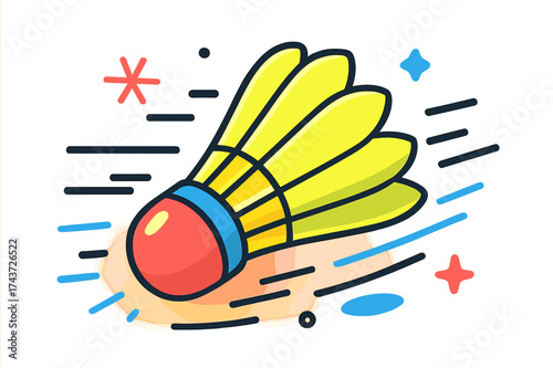 Dynamic Shuttlecock Flight. Shuttle in Flight. A close-up glowing shuttlecock soaring with motion lines, abstract spark and trail icons symbolizing speed.