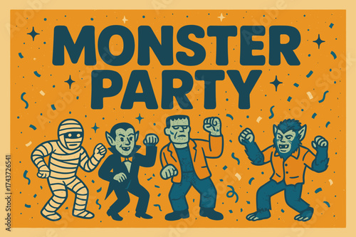 Retro Monster Bash. Monster Party ? Retro Poster, bold rounded retro font, centered composition with halftone dots, paper texture, sparkles and confetti for
