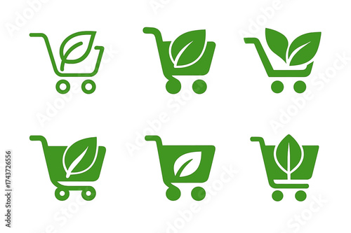 Eco Marketplace Logos. Trade in eco-friendly products and sustainable merchandise. Set Logo of green marketplace: stylized leaf combined with shopping cart.