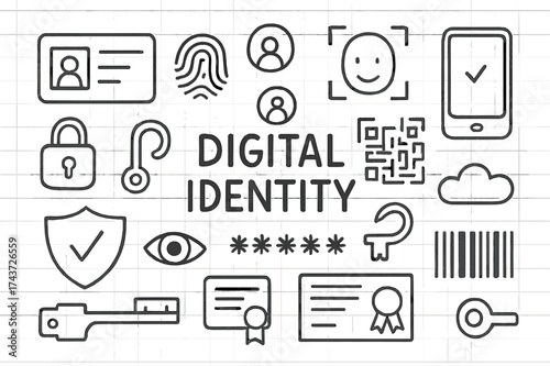 Digital Identity Elements. Digital Identity. Hand-drawn doodle illustration Digital Identity ID card, fingerprint, face recognition, smartphone, QR code,