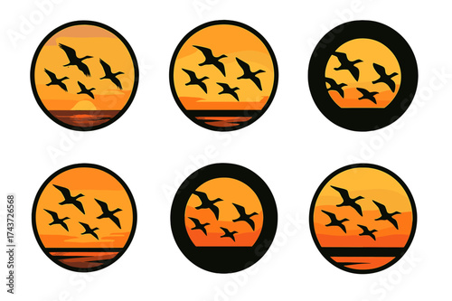 Migratory Birds Emblem. A flock of birds migrating across the sky at sunset, silhouetted against the colorful horizon. Set Logo of migratory badge: circular