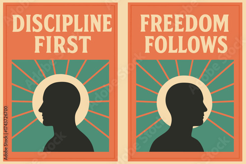 Discipline and Freedom Banners. Mindset. Two vertical A6 banners with safe margins, centered composition, no elements touching edges, retro style, coral and