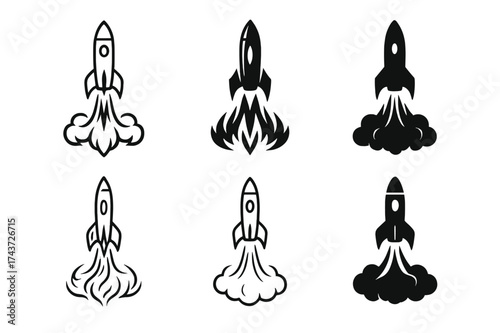 Rocket Emblem Variations. Rocket launches. Set Logo of blast-off flames: exaggerated flame burst beneath rocket. harmonious logo variations of the same