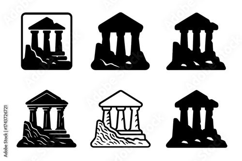 Temple Logo Variations. Lamenting the loss of cultural heritage. Set Logo of crumbling temple: silhouette of ancient temple ruins. harmonious logo variations