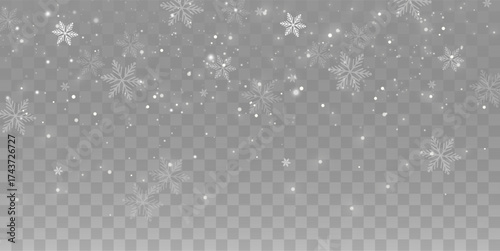 Snowfall background, white snowflakes vector, winter cold weather design. Many falling snow flake elements on transparent background, frosty air texture, frozen crystal particles overlay.	
