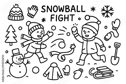 Winter Fun Doodles. Snowball Fight. Hand-drawn doodle illustration Snowball Fight snowball, gloves, hat, scarf, boots, coat, friends, snowman, tree, snowflake,