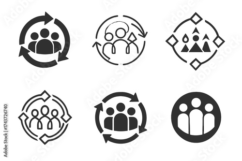 Synergy Circle Logos. Team brainstorming innovative ideas. Set Logo of synergy circle: arrows surrounding group of people. harmonious logo variations of the