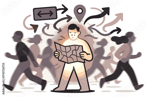 Direction-Seeking Glowing Figure. Seeking direction. A glowing person holding a map, abstract arrows and floating signs swirling above, crowd moving around in