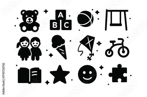 Childhood Icons Grid. Childhood. Solid icons set of Childhood: teddy bear, toy blocks, ball, swing, siblings, ice cream, kite, tricycle, book, star, smiley