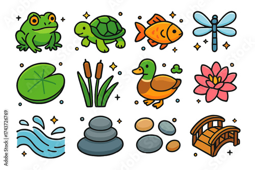 Stream Life Icons. Stream Life. Colorful isometric vector icons set of stream life: frog, turtle, fish, dragonfly, lily pad, reeds, duck, flower, flowing