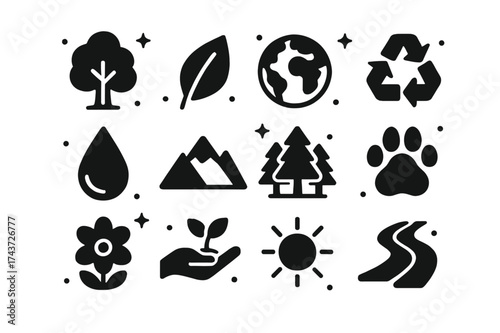 Nature Icon Set. Nature Preservation. Solid icons set of Nature Preservation: Tree, Leaf, Globe, Recycling Symbol, Water Drop, Mountain, Forest, Animal Paw,