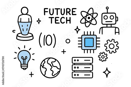 Future Tech Icons. Future Tech. Hand-drawn doodle illustration hologram (colored), quantum chip (colored), atom, qubit symbol (colored), globe, sparkle, gears,