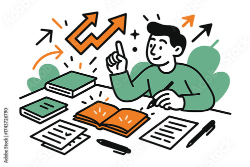 Creative Desk Chaos. Busy Desk. A cluttered surface with glowing notebooks, papers, and pens, abstract floating arrows and sparks symbolizing active thought.