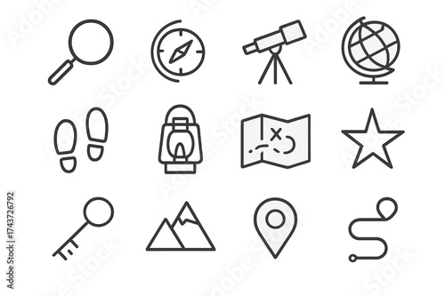 Seeker Icon Set. Seeker. Line outline icon set of Seeker: magnifying glass, compass, telescope, globe,