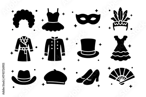 Theater Costume Icons. Theater costumes. Solid icons set of clown wig, ballet tutu, opera mask, feathered headdress, trench coat, military uniform, magician