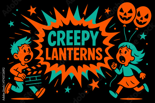 Creepy Lanterns Extravaganza. Creepy Lanterns banner, flat vector illustration, bold oversized text inside splash explosion, cartoon characters running and
