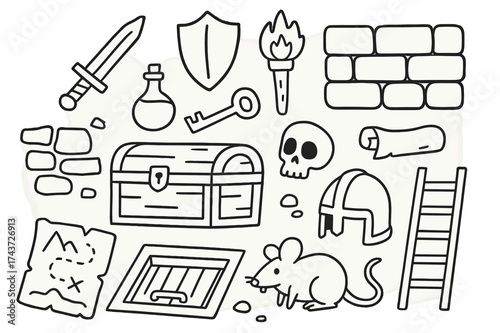 Dungeon Adventure Icons. Dungeon crawl. Hand-drawn doodle illustration dungeon crawl sword, shield, torch, potion, key, scroll, chest, skull, stone wall,