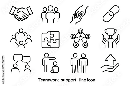 Teamwork Icon Set. Teamwork and support. Line icon set of teamwork and support: handshake, group, helping hand, chain link, circle of people, puzzle pieces,