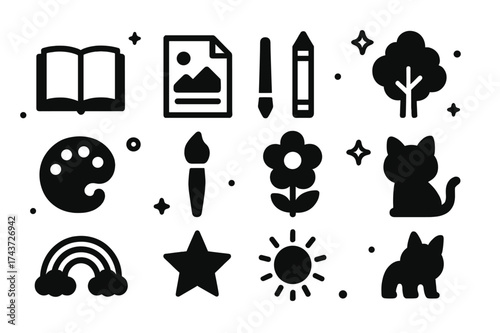 Printable Art Icons. Printable art. Solid icons set of Printable art: open book, page with drawing, pencil, crayon, palette, paintbrush, flower, tree, rainbow,