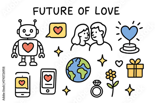 Tech-Inspired Romantic Imagery. Future of Love. Hand-drawn doodle illustration robot with heart (colored), couple, phone with chat (colored), hologram heart,