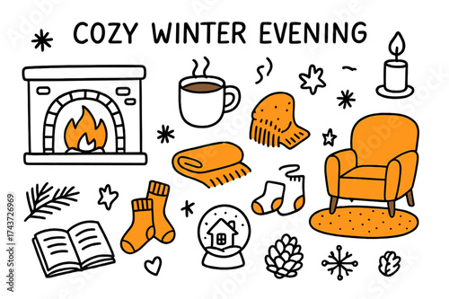 Cozy Winter Doodles. Cozy Winter Evening. Hand-drawn doodle illustration fireplace (colored), hot chocolate, blanket (colored), candle, socks (colored), book,