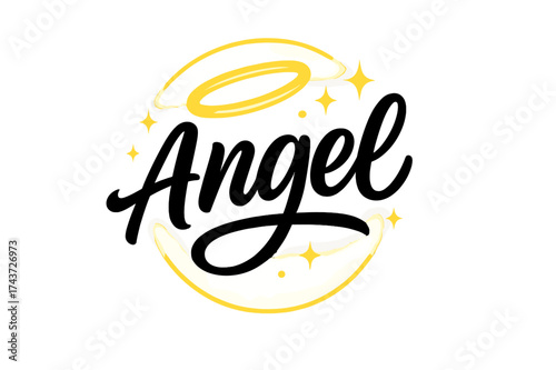 Divine Halo Typography. ?Angel?. modern hand lettering, smooth curves, balanced composition, clear readable