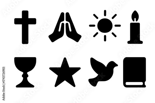 Holy Icon Set. Holy. Filled icon set of Holy: cross, praying hands, radiant aura, candle, chalice, star, dove,