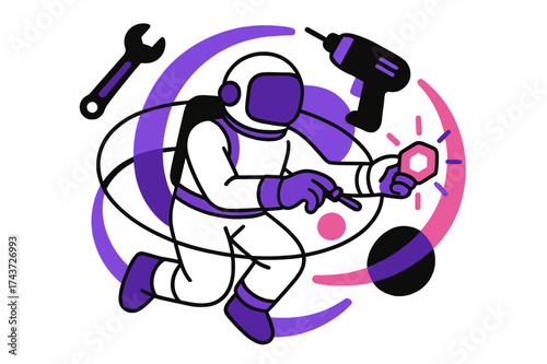 Astronaut Space Repair. Space repair toolkit. Floating wrench, drill, and glowing device orbiting an astronaut mid-task. Abstract shapes form rings