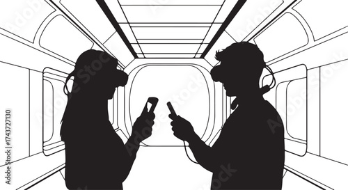 Silhouettes of two people wearing virtual reality headsets and holding controllers in a futuristic tunnel environment