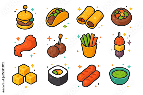 Colorful Mini Bites Icons. Mini bites. Colorful isometric vector icons set of mini bites: sliders, mini tacos, spring rolls, stuffed mushrooms, chicken wings,