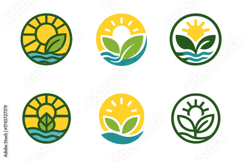 Eco Logo Variations. How a plant makes food. Set Logo of eco balance: circular composition of sun, leaf, water, and air. harmonious logo variations of the same