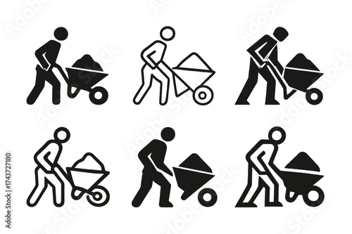 Cement Wheelbarrow Logos. Wheelbarrow with cement. Set Logo of worker pushing: figure moving wheelbarrow with cement. harmonious logo variations of the same