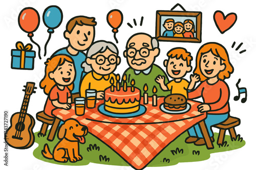 Family Celebration Doodles. Family gathering. Colorful Hand-drawn doodle Children illustration Family gathering dining table, cake, balloons, gift box, kids,
