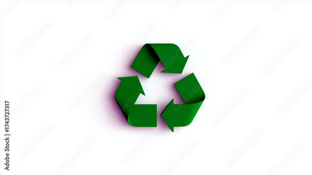 Obraz premium Green recycle symbol with modern 3D effect on white background, representing sustainability, eco consciousness and environmental responsibility