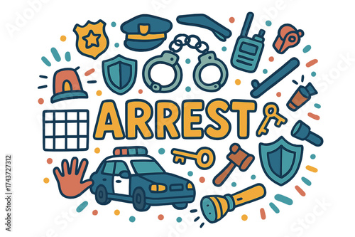 Playful Arrest Doodle. Arrest. Hand-drawn doodle illustration of Arrest. handcuffs, police car, badge, hat,