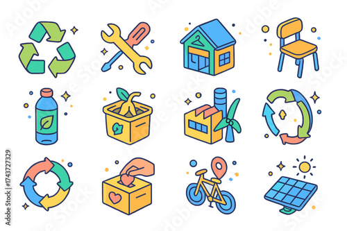 Circular Economy Icons. Circular Economy. Colorful isometric vector icons set of Circular Economy: recycling arrows, repair tools, second-hand store, upcycled