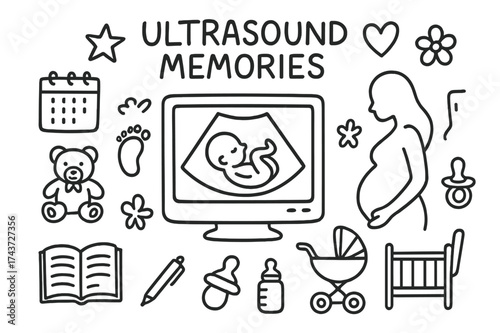 Ultrasound Icon Collection. Ultrasound memories. Hand-drawn doodle illustration ultrasound memories ultrasound screen, baby bump, heart, star,