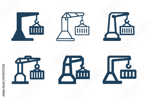 Port Crane Logos. Infrastructure development in emerging markets. Set Logo of port crane: cargo crane with shipping containers. harmonious logo variations of