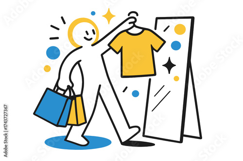 Shopping Glow Excitement. Shopping fun. A glowing figure with shopping bags holding up a shirt in front of a mirror, abstract floating sparkles and circles