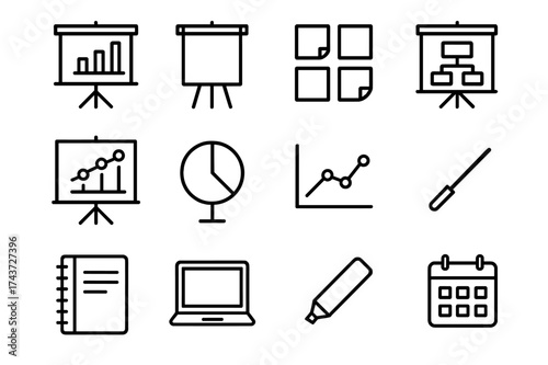 Project Icon Set. Project display board. Line icon set of project display board: presentation board, flip chart, sticky notes, diagram, chart, graph, pointer,