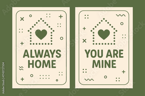 Affectionate Home Banners. Affection. Two vertical A6 banners with safe margins, centered composition, no elements touching edges, memphis style, olive green