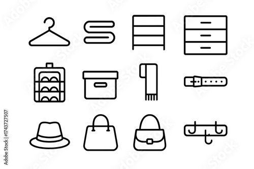 Closet Icon Set. Closet organization. Line icon set of Closet organization: hanger, folded clothes, shelves, drawers, shoe organizer, storage box, scarf, belt,