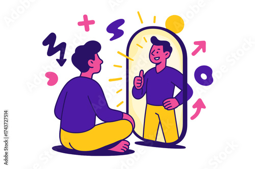 Reflective Growth Journey. Self-reflection for growth. A person sitting cross-legged with a glowing mirror in